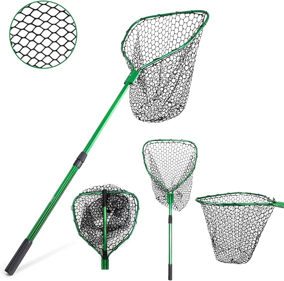 UMT Telescopic Fishing Landing Net (3.65 ft) 17" x 19" Large Hoop, 21" Deep Silicone Rubber Mesh, for Freshwater & Saltwater, Green