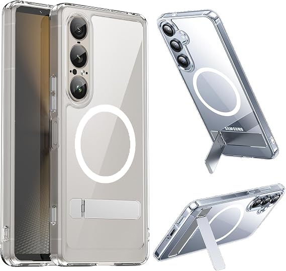 for Xperia 1 VII Clear Case Magnetic Compatible with MagSafe, Built-in 2-Way Kickstand [Horizontal & Vertical Stand] Crystal Clear Slim Fit Rugged Phone Cover Shockproof (Clear)