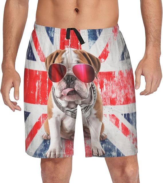 Men's Pajama Shorts Bulldog Sunglasses Red Union Jack Sleep Shorts for Men Pj Bottom Lounge Pants with Pockets