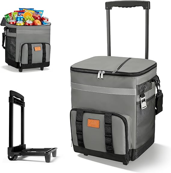 Collapsible Rolling Cooler, 35L Large Insulated Cooler Bag with Wheels and Handle, Waterproof Lunch Bag Cool Box on Wheels, Foldable Shopping Trolley for Outdoor Picnic Camping Beach