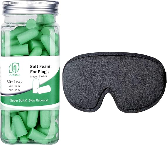 LYSIAN Foam Noise Cancelling Earplugs 60 Pairs 38dB SNR with 3D Sleep Eye Mask Black
