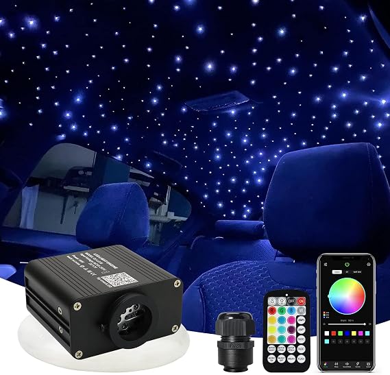 AMKI 16W Starlight Headliner Kit Twinkle+Sound Activated 200pcs 0.03in 6.5ft Cable End Glow Fiber Optic Light APP/Remote Control RGBW Starlight Box for Car Home Star Ceiling Decor