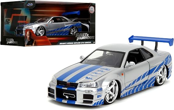 Jada Toys Fast & Furious Brians 2002 Nissan Skyline R34 Die-cast Car, 1:24 Scale, Silver & Blue