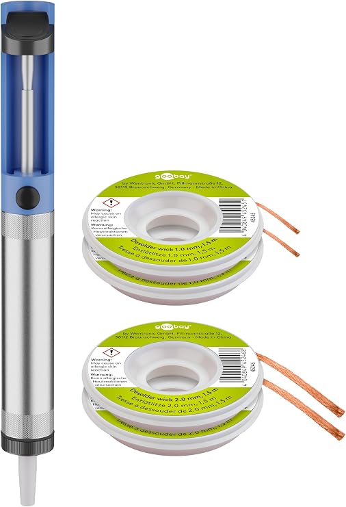 Goobay Soldering Iron Set - Desoldering Pump with 2 x Desoldering Braids 2 mm 1.5 Metre Coil - Ideal for Soldering Iron Applications