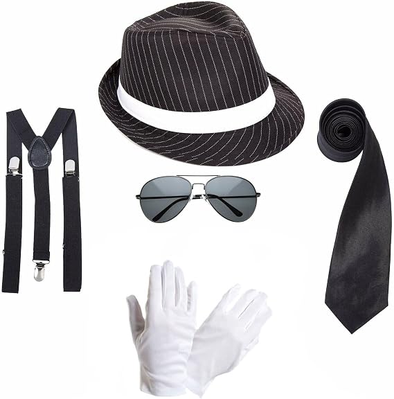 RockParty Michael Jackson-Inspired Fancy Dress Costume Set – Sequin Glove, Fedora Hat, Tie, Braces & Aviator Sunglasses – King of Pop Tribute Accessories