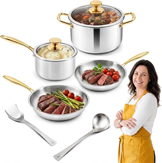 Titanium Pro Cookware Set 8 Pcs Cooking Pans and Pots with Lid and Spoon, Spatula, Triply Titanium No Coating Technology for Induction, Cooktops, Safe up to 1000F, Dishwasher Safe