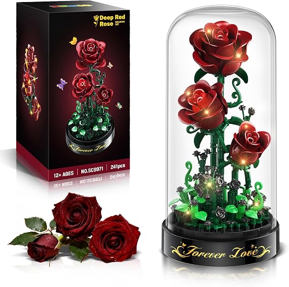 HiWEEGO Burgundy Red Flower Building Set with LED Light & Dust Cover | 241 PCS Rose Building Blocks Kit, Gift for Mothers Day for Her Grilfriend 3.6MM Botanical Collection Block Toy Home Decor