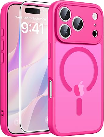 FNTCASE for iPhone 17 Pro Case: [Compatible with Magsafe] Translucent Matte Cases with [Full Camera Protection] [Screen Protector] Military Grade Shockproof Protective Phone Cover - Hot Pink