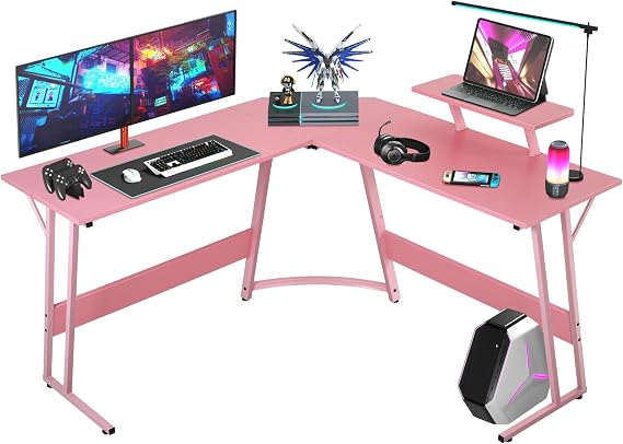 Pink Gaming Desk for Women, 51" L Shaped Computer Desk with Monitor Stand, Waterproof Surface & Z-Shape Legs, Stylish Corner Desk for Home Office/Dorm (Blush Pink)