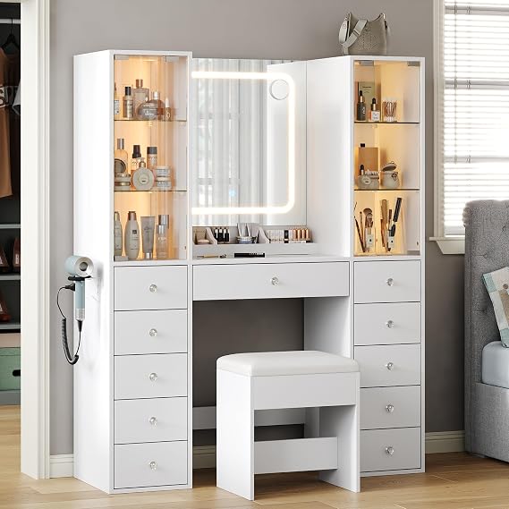 FUSOU Dressing Table with 11 Drawers & 2 Large Storage Cabinets, Adjustable Glass Shelf, Dressing Table with Mirror and Stool, Vanity with Glass Top and Power Outlet, Vanity Desk for Bedroom, White