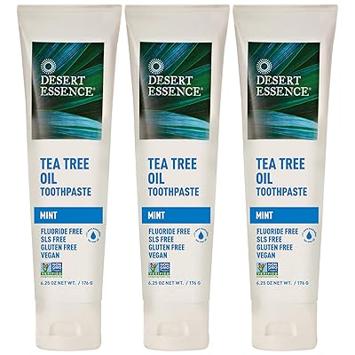 Desert Essence Tea Tree Oil Toothpaste - Mint - 18.75 Oz 6.25 Oz  Pack of 3 - Refreshing Taste - Deep Cleans Teeth & Gums - Helps Fight Plaque - Sea Salt - Pure Essential Oil - Baking Soda