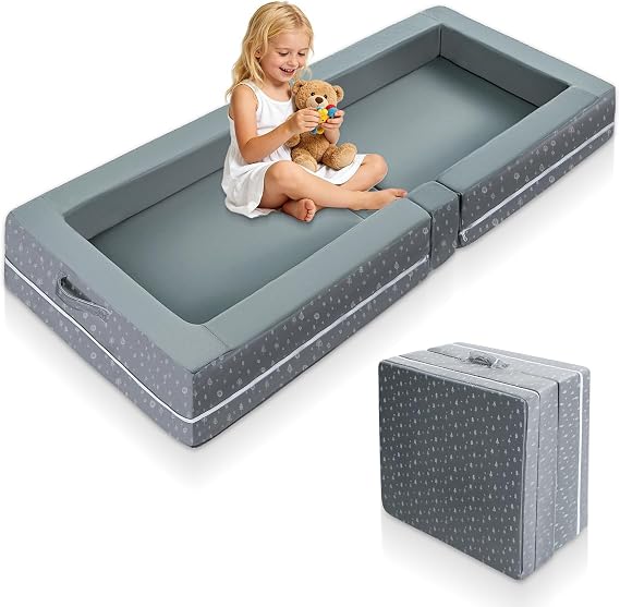Foldable Toddler Travel Bed with High-Density Foam, Portable Floor Sofa Bed for Camping and Home Use, Grey with Durable Zipper, Easy Storage