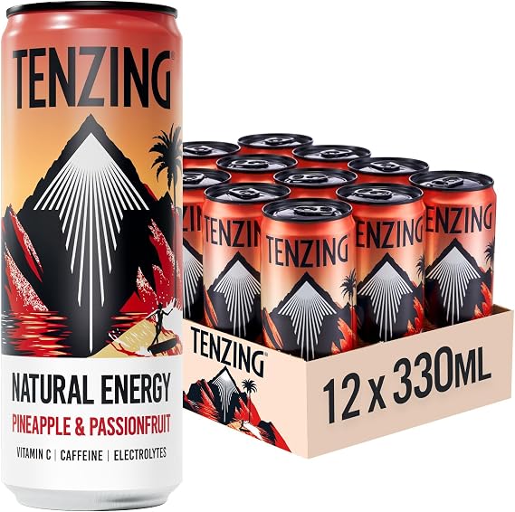 TENZING Natural Energy Drink, Plant Based, Vegan, Gluten Free Drink, Pineapple & Passionfruit, 330ml (Pack of 12) - Packaging may vary
