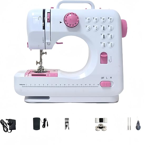505A Portable Mini Sewing Machine with 12 Stitches (Pink) | Small Household Sewing Machine, Foot Pedal & 2-Speed Control, LED Light, for DIY, Clothing Repair & Home Crafting