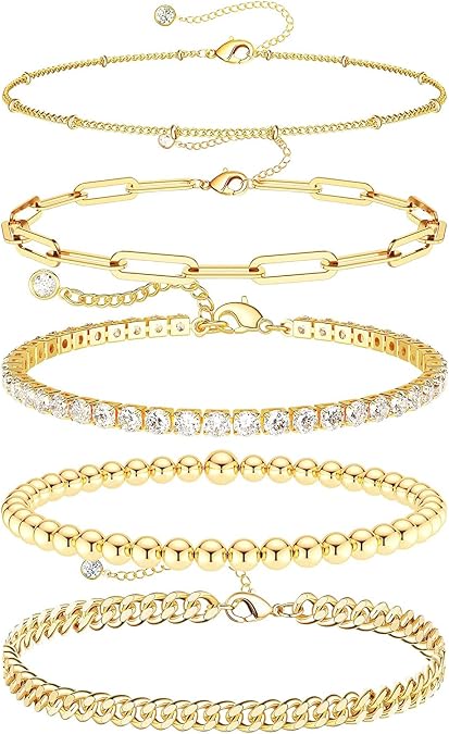 Dainty Gold Bracelets for Women Waterproof, Stackable 14K Gold Plated Waterproof Rope Cuban Snake Paperclip Figaro Link Chains, Non Tarnish Jewelry Set Gifts