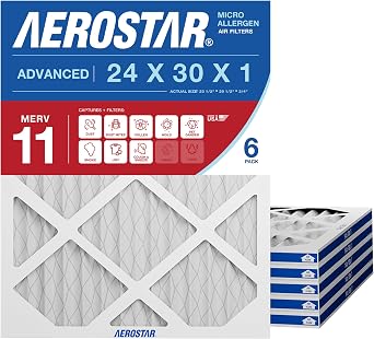 Aerostar 24x30x1 MERV 11 High Efficiency Pleated Air Filter, 6-Pack, Electrostatic AC Furnace HVAC Replacement, Captures Dust Pollen Pet Dander Mold Smoke (23.5x29.5x0.75)