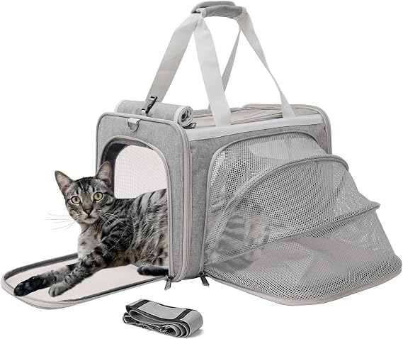 Gray Cat Carriers Soft Stylish Small Dogs Puppy Pets Bag,Sturdy,Ventilated,Airline Approved,Expandable,Rabbit Cage Small Animals Travel Outdoor Carry Kennel