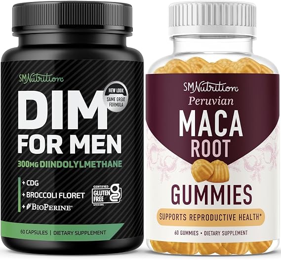 SMNutrition Maca Root Gummies & 300mg DIM Supplement for Men for Testosterone and Performance Support | Invigorating Maca Gummies Complex (30 Servings) with DIM Complex for Men (60 Servings)