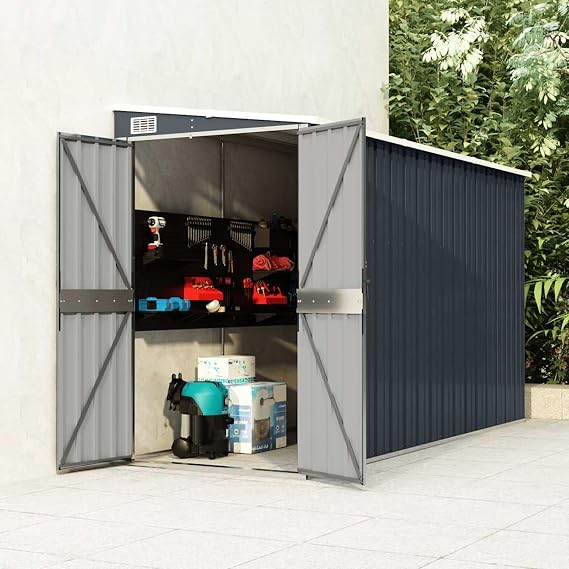 Tidyard Garden Shed, Galvanized Steel Metal Wall Mounted Storage Shed with Double Doors and Lock for Outdoor Tools Equipment Furniture Backyard Patio