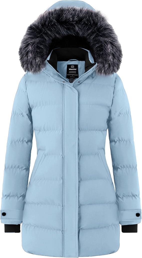 wantdo Women's Long Quilted Winter Coat Thicken Puffer Jacket Faux Fur Hood