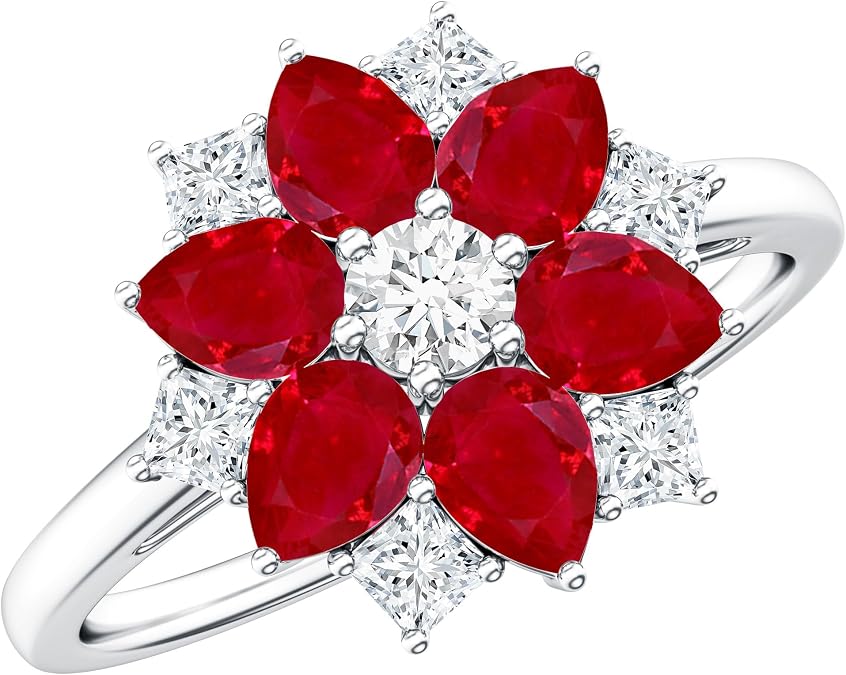 Natural Ruby and Diamond Designer Engagement Ring, AAA Quality, Certified Ruby Flower Ring for Women - Ready To Gift