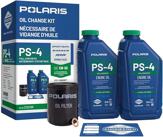 Polaris PS4 Oil Change Kit for Specific RANGER, RZR, SPORTSMAN, ACE 570 Models With 4 Stroke Engine, Includes 2 Quarts of PS-4 5W-50 Full Synthetic Oil, 1 Oil Filter, Genuine OEM - Part 2202166