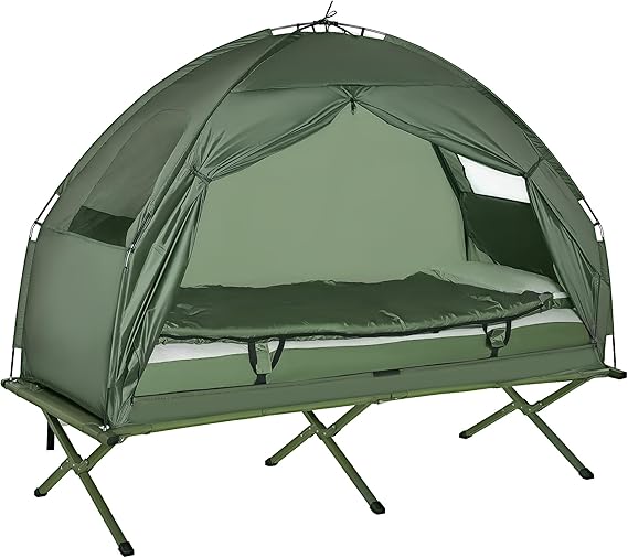 Outsunny Camping Tent Cot, 6-in-1 Folding Tent Cot Combo with Mattress, Pillow, Sleeping Bag, Bed Cover, Roller Carrying Bag, Off Ground Travel Camp Cot for Hiking, Backpacking, Picnic