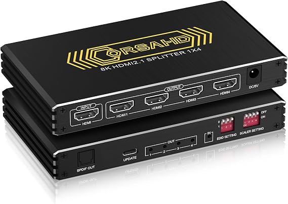 CORSAHD 8K@60Hz 4K@120Hz HDMI2.1 Splitter 1 in 4 Out with Audio Extractor,HDCP2.3,Supports SPDIF 5.1Ch,VRR,ALLM,HDCP Bypass,EDID,Duplicate,Downscale,HDR,Dolby Vision Atmos,Soundbar,Capture Card
