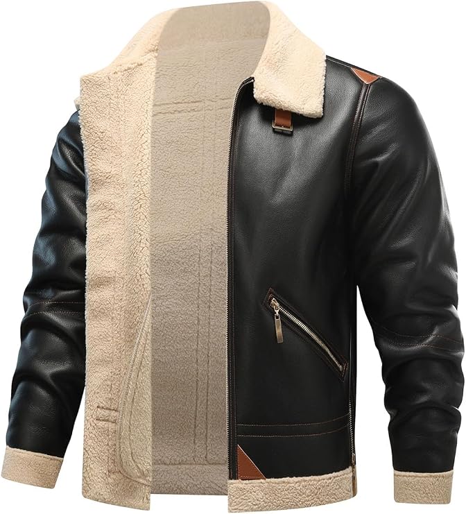 HOOD CREW Mens Bomber Jacket Faux Fleece Lined Leather Jackets