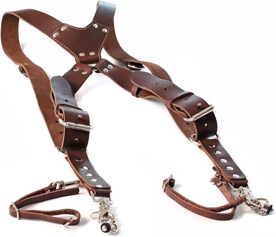 Dual Camera Harness, Brown Leather Camera Strap for 2 Cameras, Shoulder Double Harness for DSLR/SLR