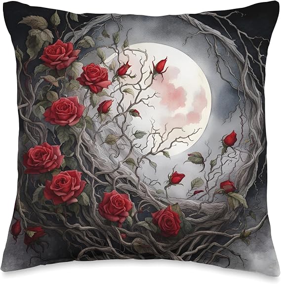 Moon Red Rose Gothic Halloween Flowers Night Goth Floral Throw Pillow