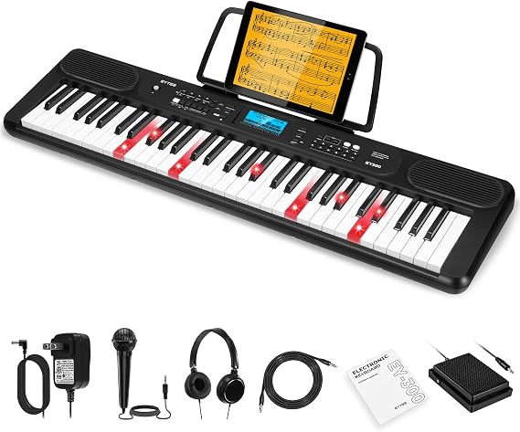 61 Key Piano Keyboard for Beginner, Lighted Keys with LCD Display, 600 Tones, 400 Rhythms, 50 Demos, 2 Teaching Modes, Headphones, Music Rest, Microphone, Sustain pedal