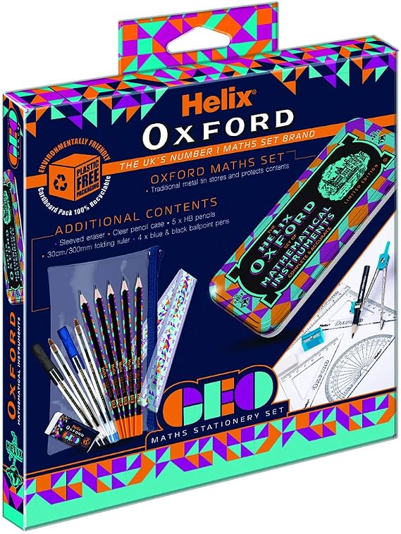 Helix Oxford Geo Complete Maths and Stationery Set - Oxford Maths Set, 30cm Folding Ruler, Ballpoint Pens, Eraser, Exam ready clear Pencil Case, Pencils - Orange Geometric Design