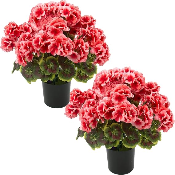 lovemoon 2 Pcs Geranium Potted Artificial Flowers, Peach, 19"