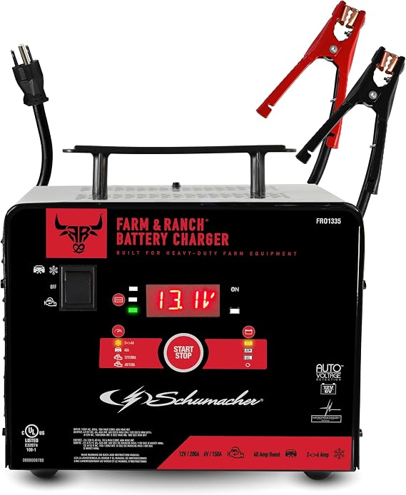 Schumacher Electric Farm & Ranch 6A Car Battery Charger and 200A Engine Starter, 4-in-1 Solution, Maintainer, 40A Boost, for 6V/12V Power Sport, Automotive, and Marine Batteries, FR01335