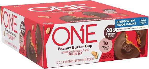 ONE Protein Bars, Peanut Butter Cup, Gluten Free Protein Bars with 20g Protein and only 1g Sugar, Guilt-Free Snacking for High Protein Diets, 2.12 oz 12 Pack