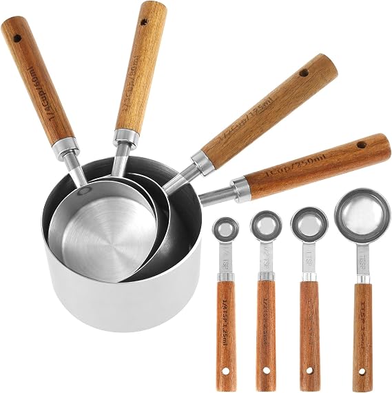 8PCS Measuring Cup and Spoons with Wooden Handle, Rustproof, Reusable Stainless Steel Kitchen Measuring Gadgets, Cup Measurement Set for Kitchen Home Baking