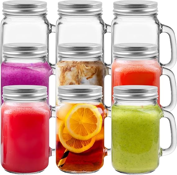 16 oz Glass Mason Drinking Jars with Lids,9 Pack Mason Jars with Handle