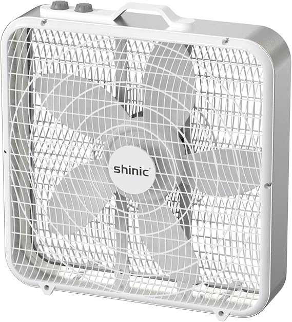 shinic 20 Box Fan with Thermostat for Bedroom, 3-Speed Portable Floor Fan with Carry Handle, Powerful Airflow, 5 Blades, Window Fan and Cooling Fan for Home, Office, Garage, Basement, White