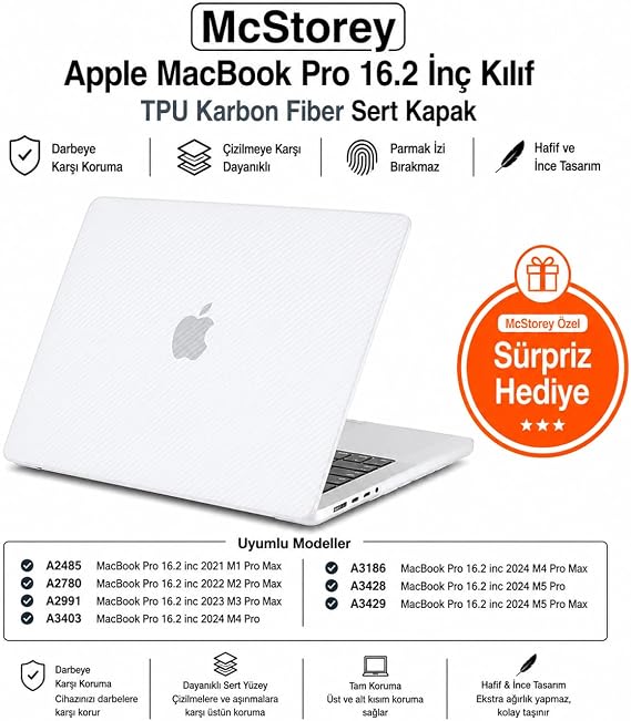 McStorey MacBook Pro 16.2 İnç Kılıf A2485 A2780 A2991 A3403 A3186 A3428 A3429 Uyumlu Karbon Fiber Görünümlü Sert Kapak İnce Hafif Koruyucu Hard Case Şeffaf