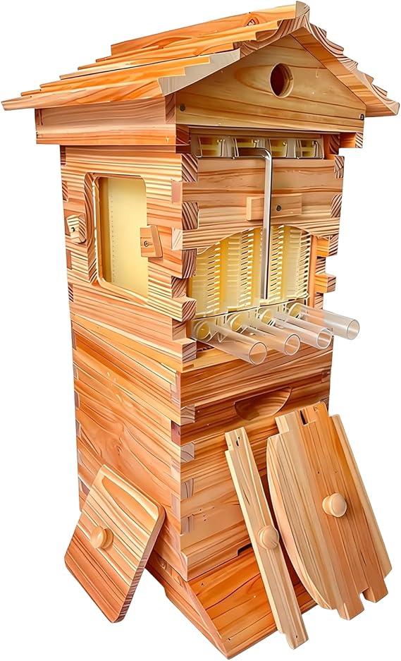 Self-Flow Hive Beehive Starter Kit with Observation Window and Honey Spout, Includes 6 bee Frames and 4 Honeycomb Trays, for Beekeeping,Garden Pollinators