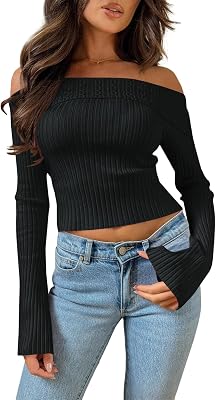 Goranbon Womens Off Shoulder Ribbed Knit Crop Sweaters Cute Wrap Long Sleeve Slim Pullover Jumper Tops