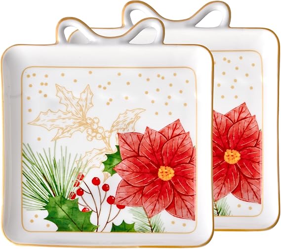 Gift-Box-Shaped Dish Tray, Set of 2, Irregular Box Shape Cute Cake Plates, Small Ceramic Serving Platter Set, Adorable Addition to Home Kitchen or Dinner Table as Side or Snack Plates, Christmas Gift