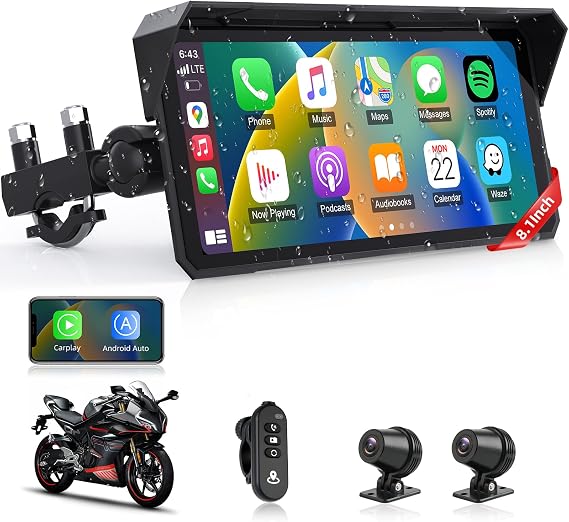 8.1" 4K Motorcycle CarPlay Screen w 4K Dash Cam IPX7 GPS Voice Control | Wireless Carplay Android Auto Screen for Motorcycle,WiFi Video,Dual