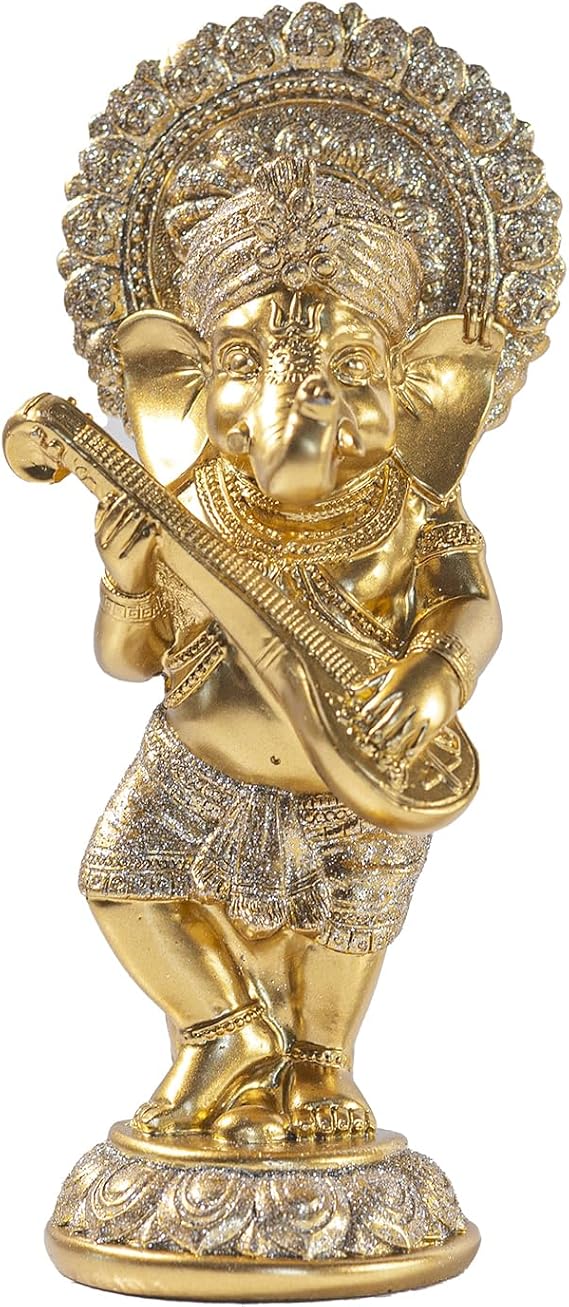 Golden Ganesha with Veena Resin Statue Home and Office Decor Ideal Gift for Housewarming, Festivals, Celebrations, and New Beginnings.