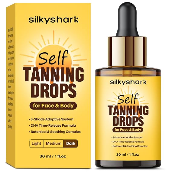 SilkyShark Facial Self Tanning Drops (1 Fl Oz), Tanning Drops for Face & Body, Gradual Bronzing Effect, Lightweight Tanner for Sensitive Skin, Natural Sun-Kissed Glow, Dark Shade