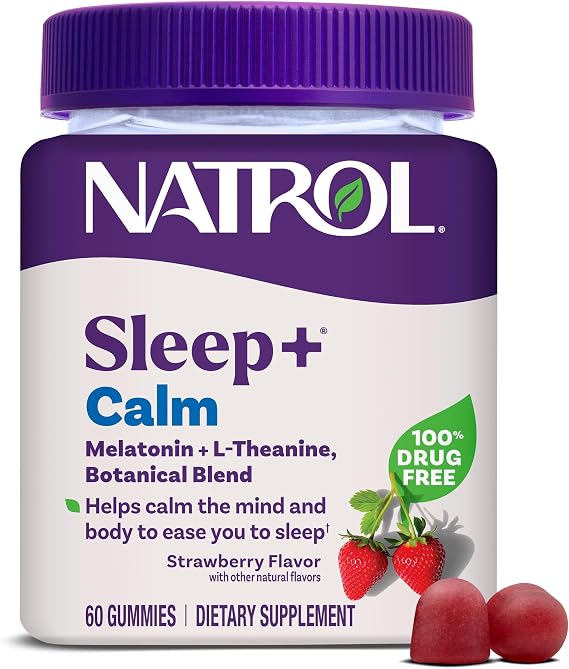 Natrol Sleep+ Calm Adults, Melatonin, L-Theanine, Strawberry, 60 Gummies