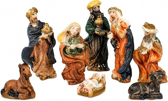 Christmas Nativity Set of 8 Hand-Painted Figurines Baby Jesus, Mary, Joseph, Three Wise Men, Cow & Donkey Manger Scene Figures for Tabletop Display, Shelf Decor & Holiday Village 0.5" to 3" Tall