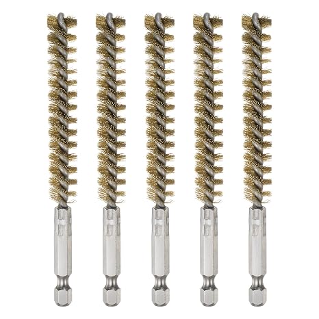 HARFINGTON 5Pcs Bore Brush Brass 11mm Dia Cleaning Twisted Bronze Wire Brush Tube Pipe Cleaner with Handle 1/4 Inch Hex Shank for Tubes, Ports, Bearings