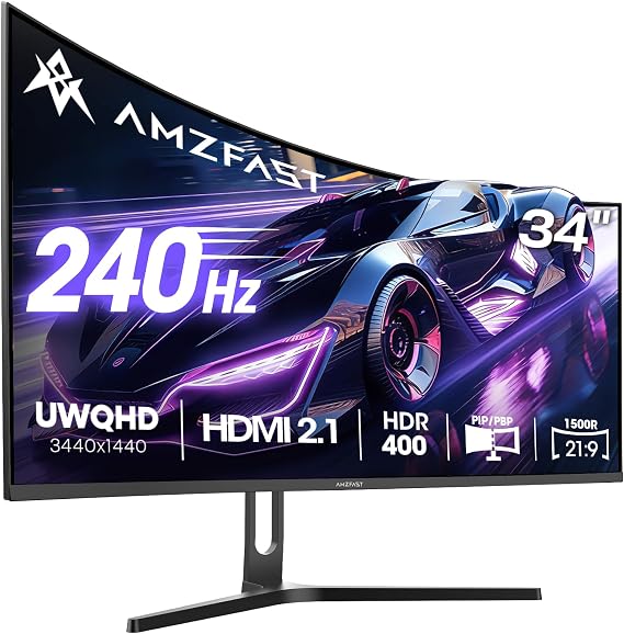 Amzfast 34 Inch Curved Gaming Monitor 3440 x 1440 UWQHD 240Hz 1ms MPRT 1500R VA Curved 21:9 3000:1 Contrast 130% sRGB HDR 400 Adaptive Sync Pip/PBP HDMI2.1 & DP1.4 VESA 75 x 75 mm AMZG34
